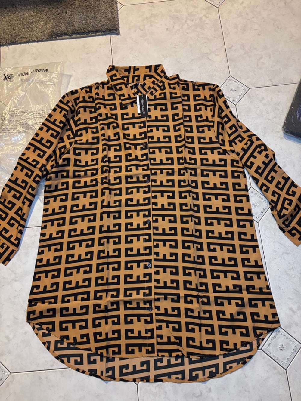 New Look Tan and Black Geometric Button Down Shirt